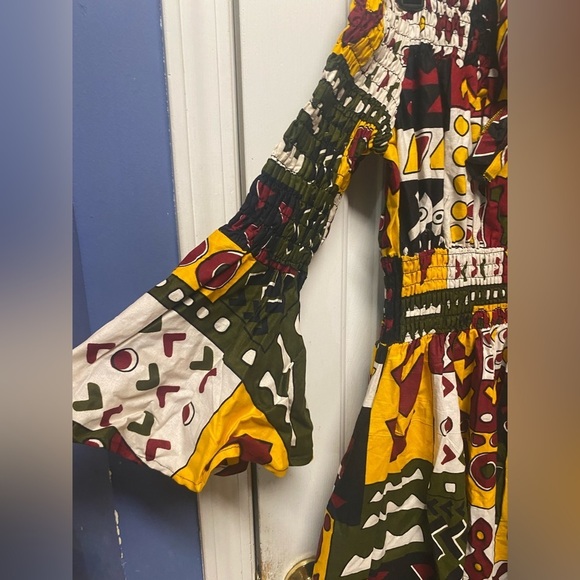 Cultural African Boho Multicolor Bell Sleeve Smock Maxi Dress Pockets One Size - Picture 2 of 9